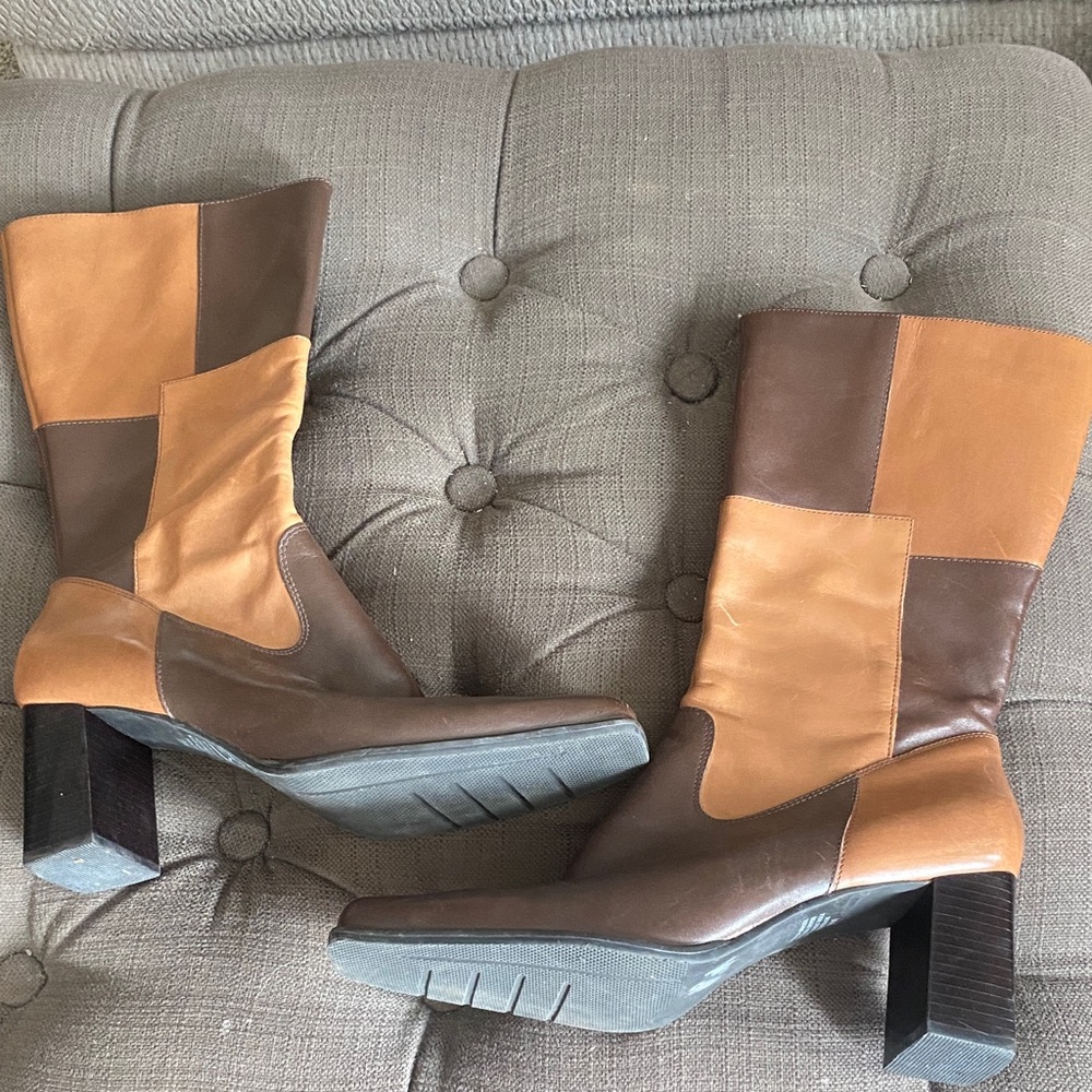 Heritage Two-Tone Brown Patchwork Mid-Calf Heeled Boots